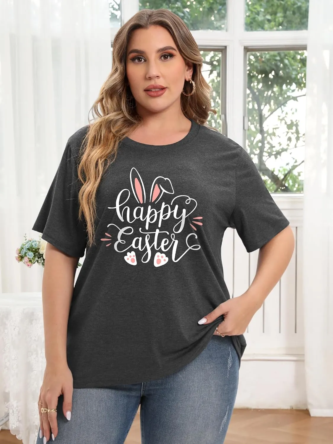 Anbech Plus Size Tshirt for Women Crewneck Graphic Tees Summer Outfits Short Sleeve Casual Shirt