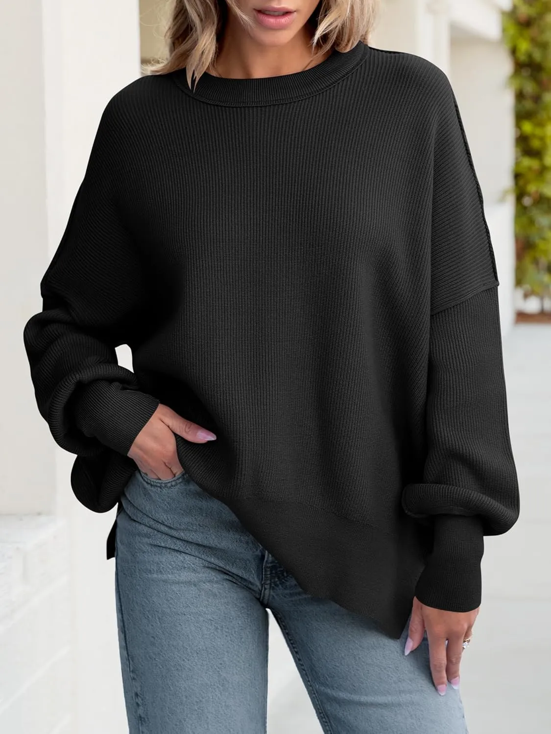 ANRABESS Women Crewneck Batwing Long Sleeve 2024 Fall Oversized Side Slit Ribbed Knit Pullover Sweaters Top Cozy Outfits