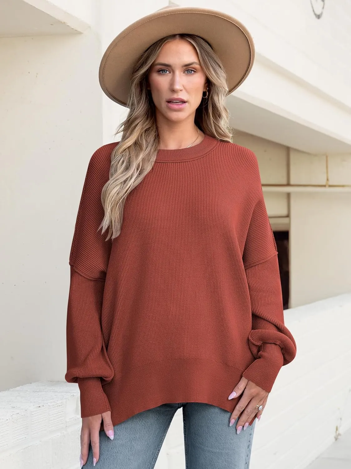 ANRABESS Women Crewneck Batwing Long Sleeve 2024 Fall Oversized Side Slit Ribbed Knit Pullover Sweaters Top Cozy Outfits