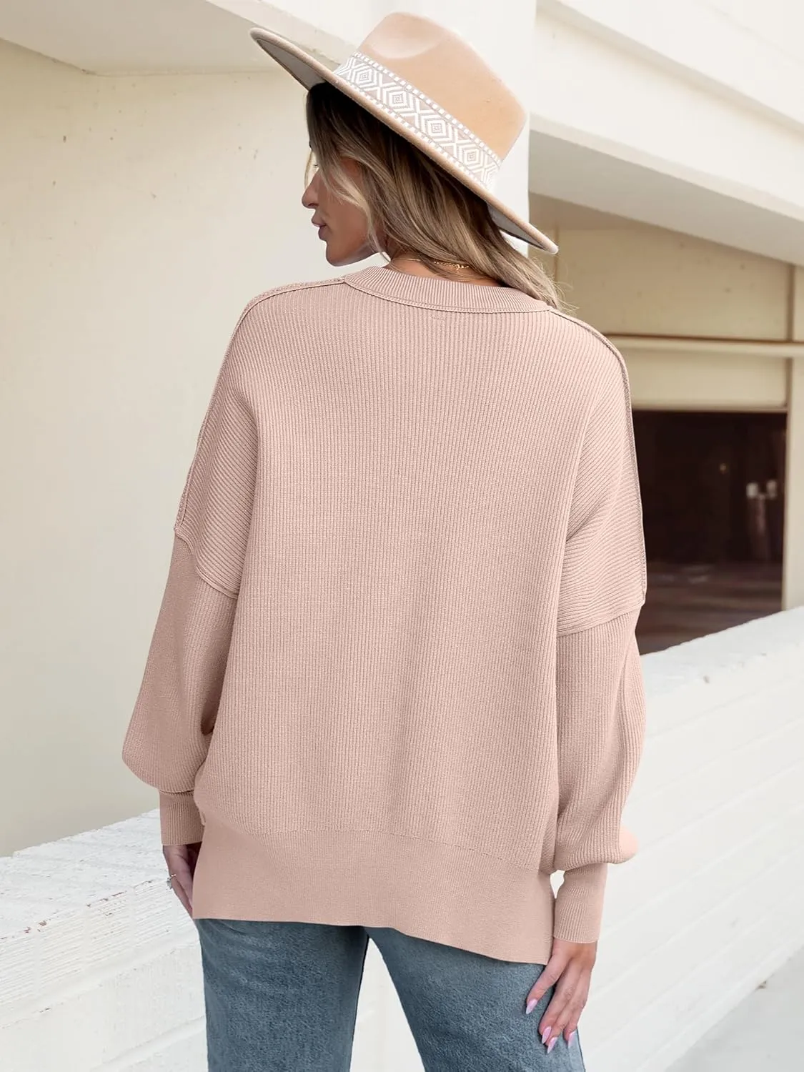 ANRABESS Women Crewneck Batwing Long Sleeve 2024 Fall Oversized Side Slit Ribbed Knit Pullover Sweaters Top Cozy Outfits