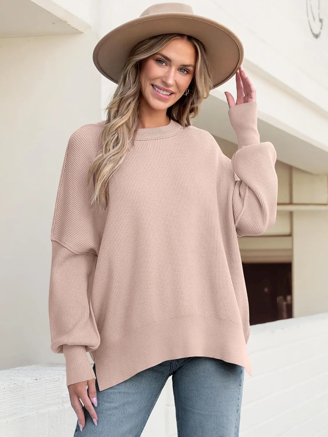 ANRABESS Women Crewneck Batwing Long Sleeve 2024 Fall Oversized Side Slit Ribbed Knit Pullover Sweaters Top Cozy Outfits