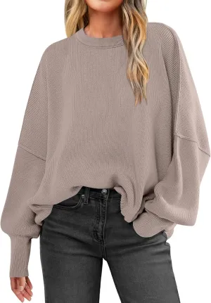 ANRABESS Women Crewneck Batwing Long Sleeve 2024 Fall Oversized Side Slit Ribbed Knit Pullover Sweaters Top Cozy Outfits