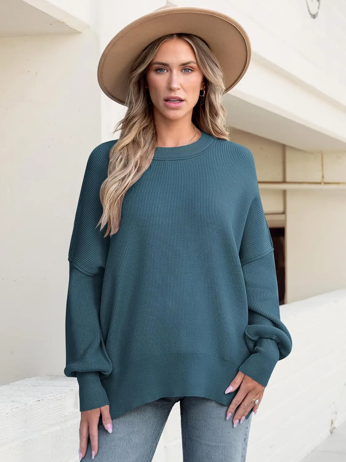 ANRABESS Women Crewneck Batwing Long Sleeve 2024 Fall Oversized Side Slit Ribbed Knit Pullover Sweaters Top Cozy Outfits