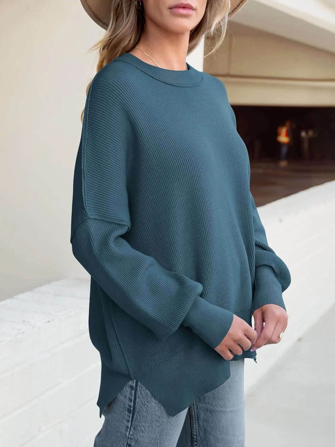 ANRABESS Women Crewneck Batwing Long Sleeve 2024 Fall Oversized Side Slit Ribbed Knit Pullover Sweaters Top Cozy Outfits