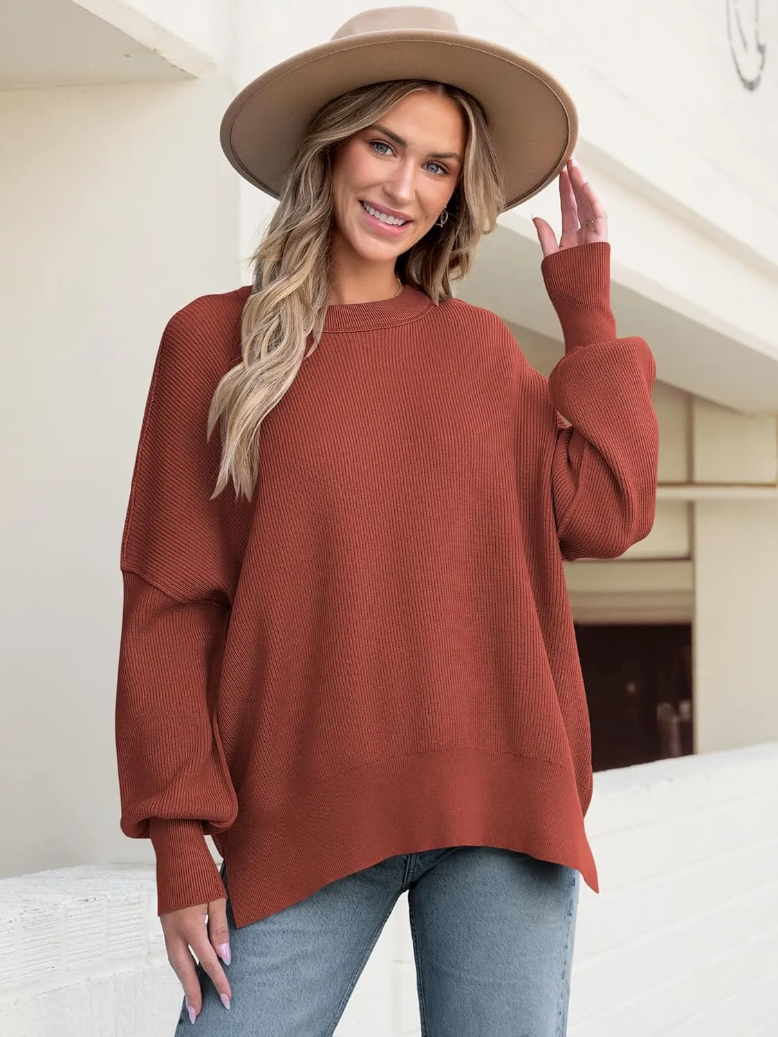 ANRABESS Women Crewneck Batwing Long Sleeve 2024 Fall Oversized Side Slit Ribbed Knit Pullover Sweaters Top Cozy Outfits