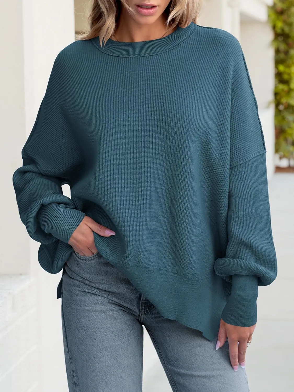 ANRABESS Women Crewneck Batwing Long Sleeve 2024 Fall Oversized Side Slit Ribbed Knit Pullover Sweaters Top Cozy Outfits