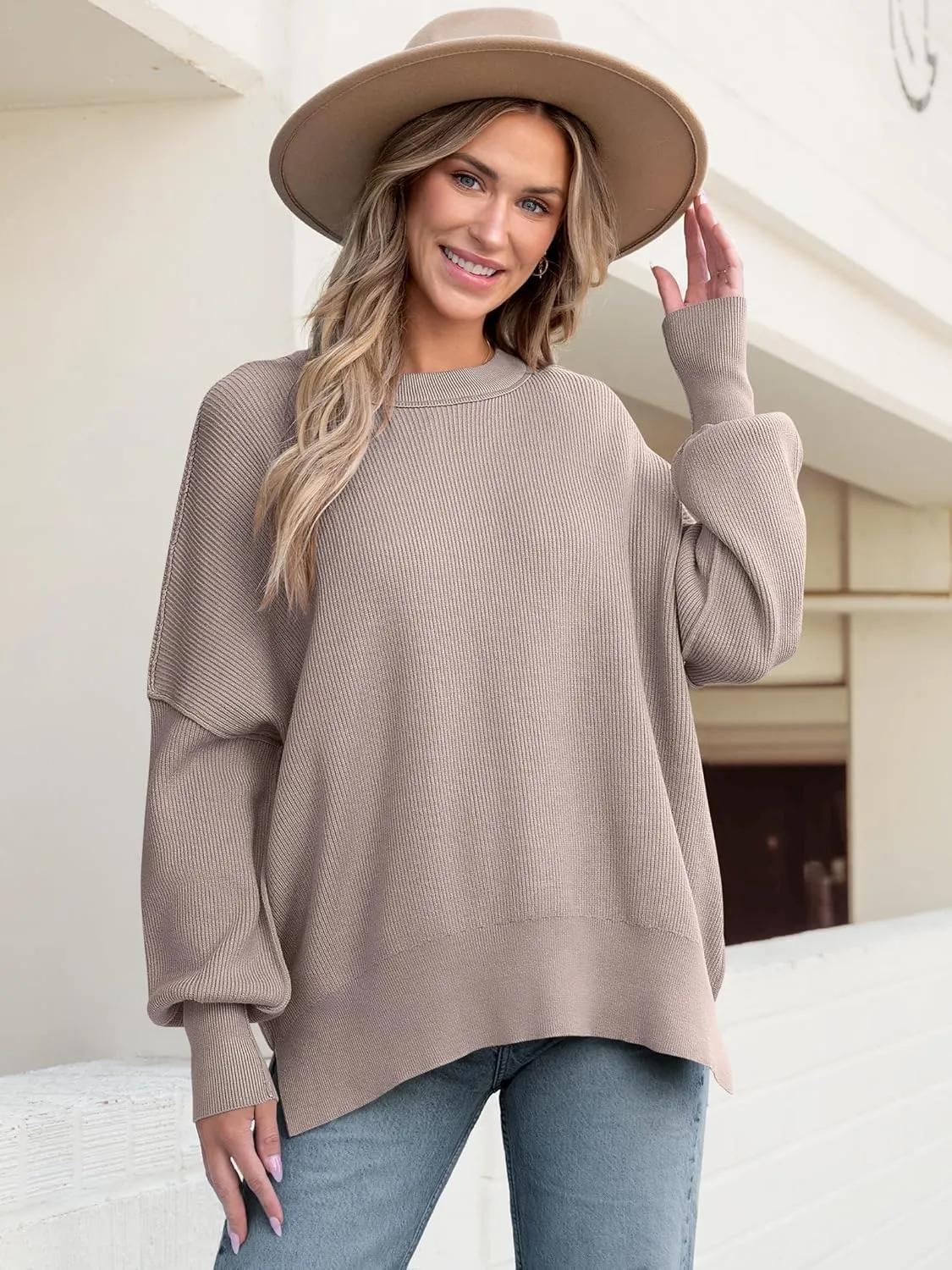 ANRABESS Women Crewneck Batwing Long Sleeve 2024 Fall Oversized Side Slit Ribbed Knit Pullover Sweaters Top Cozy Outfits