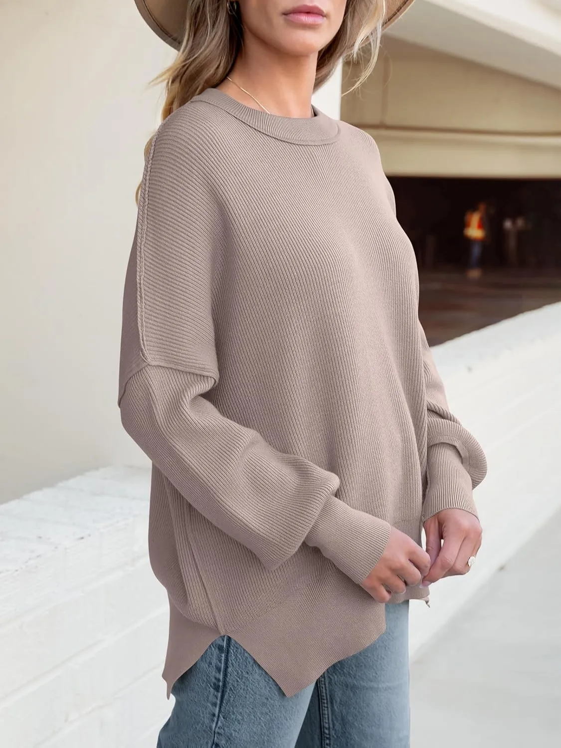 ANRABESS Women Crewneck Batwing Long Sleeve 2024 Fall Oversized Side Slit Ribbed Knit Pullover Sweaters Top Cozy Outfits