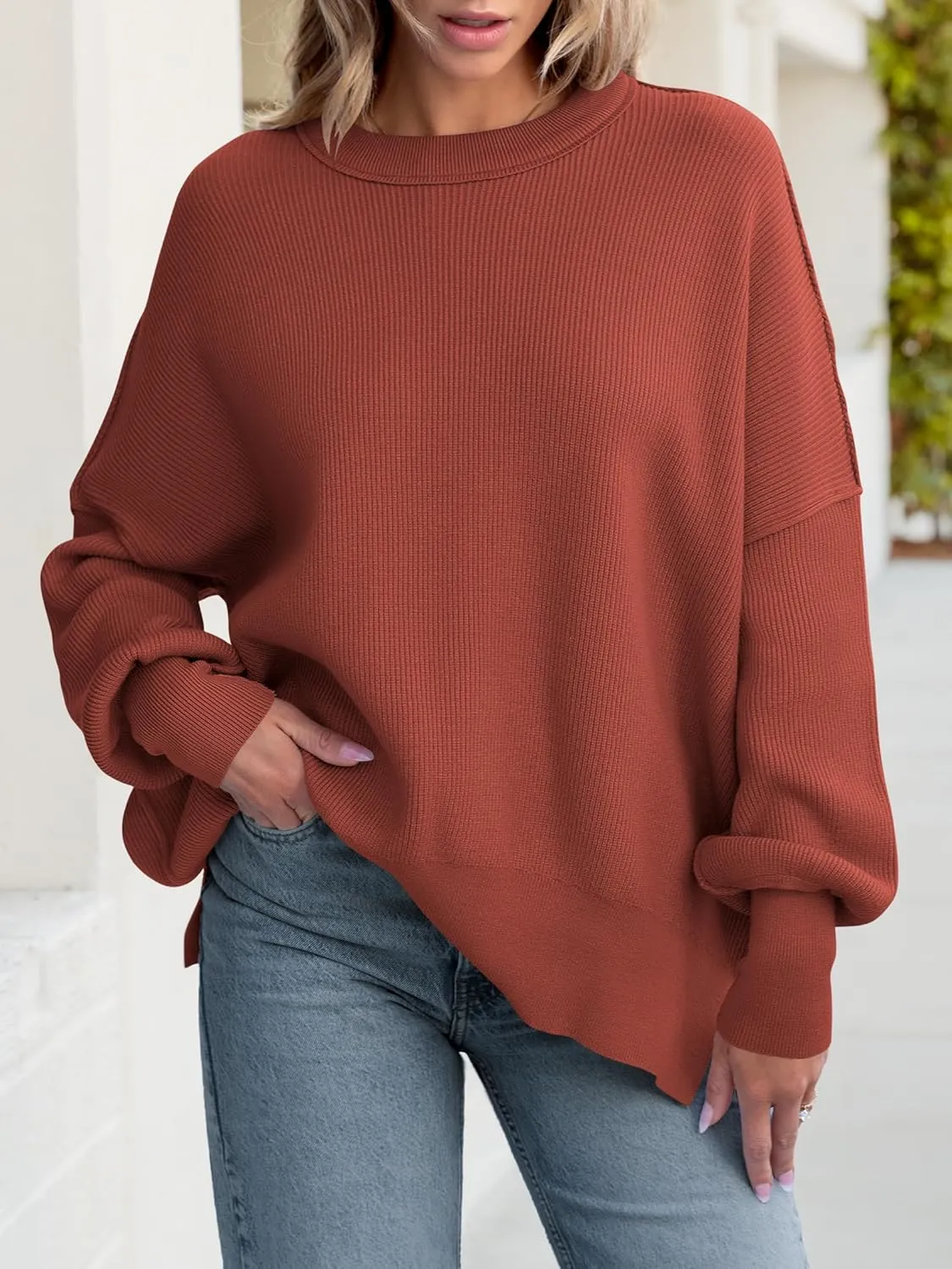 ANRABESS Women Crewneck Batwing Long Sleeve 2024 Fall Oversized Side Slit Ribbed Knit Pullover Sweaters Top Cozy Outfits