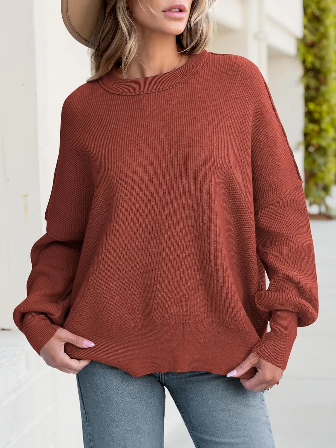 ANRABESS Women Crewneck Batwing Long Sleeve 2024 Fall Oversized Side Slit Ribbed Knit Pullover Sweaters Top Cozy Outfits