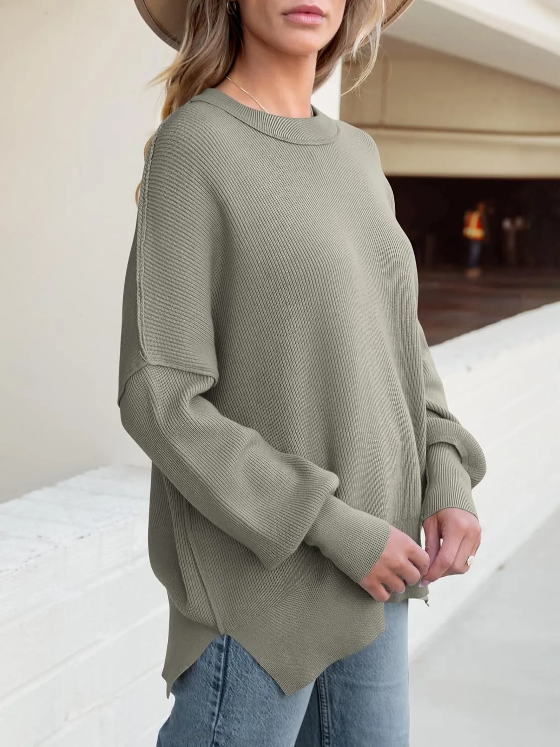 ANRABESS Women Crewneck Batwing Long Sleeve 2024 Fall Oversized Side Slit Ribbed Knit Pullover Sweaters Top Cozy Outfits