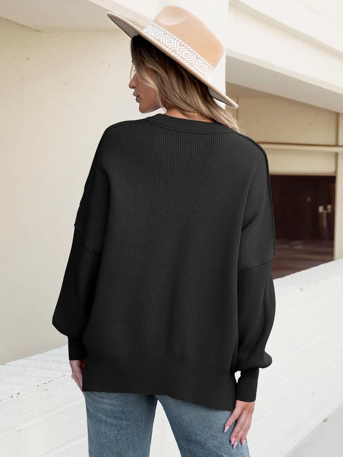 ANRABESS Women Crewneck Batwing Long Sleeve 2024 Fall Oversized Side Slit Ribbed Knit Pullover Sweaters Top Cozy Outfits