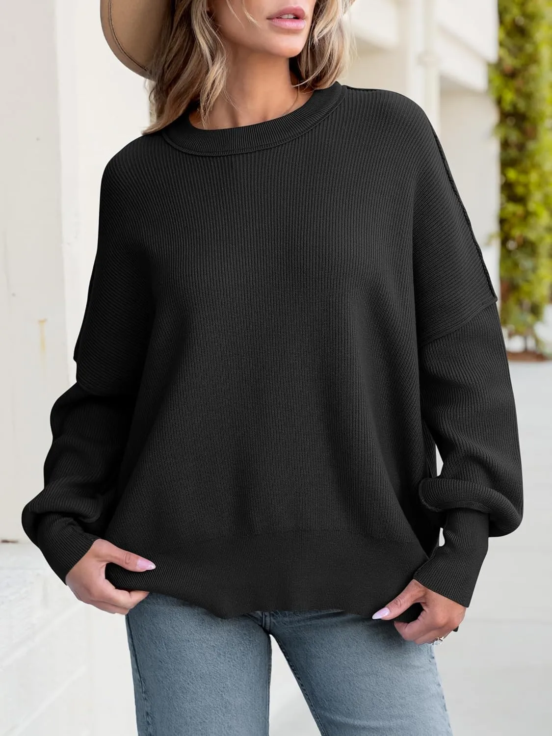 ANRABESS Women Crewneck Batwing Long Sleeve 2024 Fall Oversized Side Slit Ribbed Knit Pullover Sweaters Top Cozy Outfits