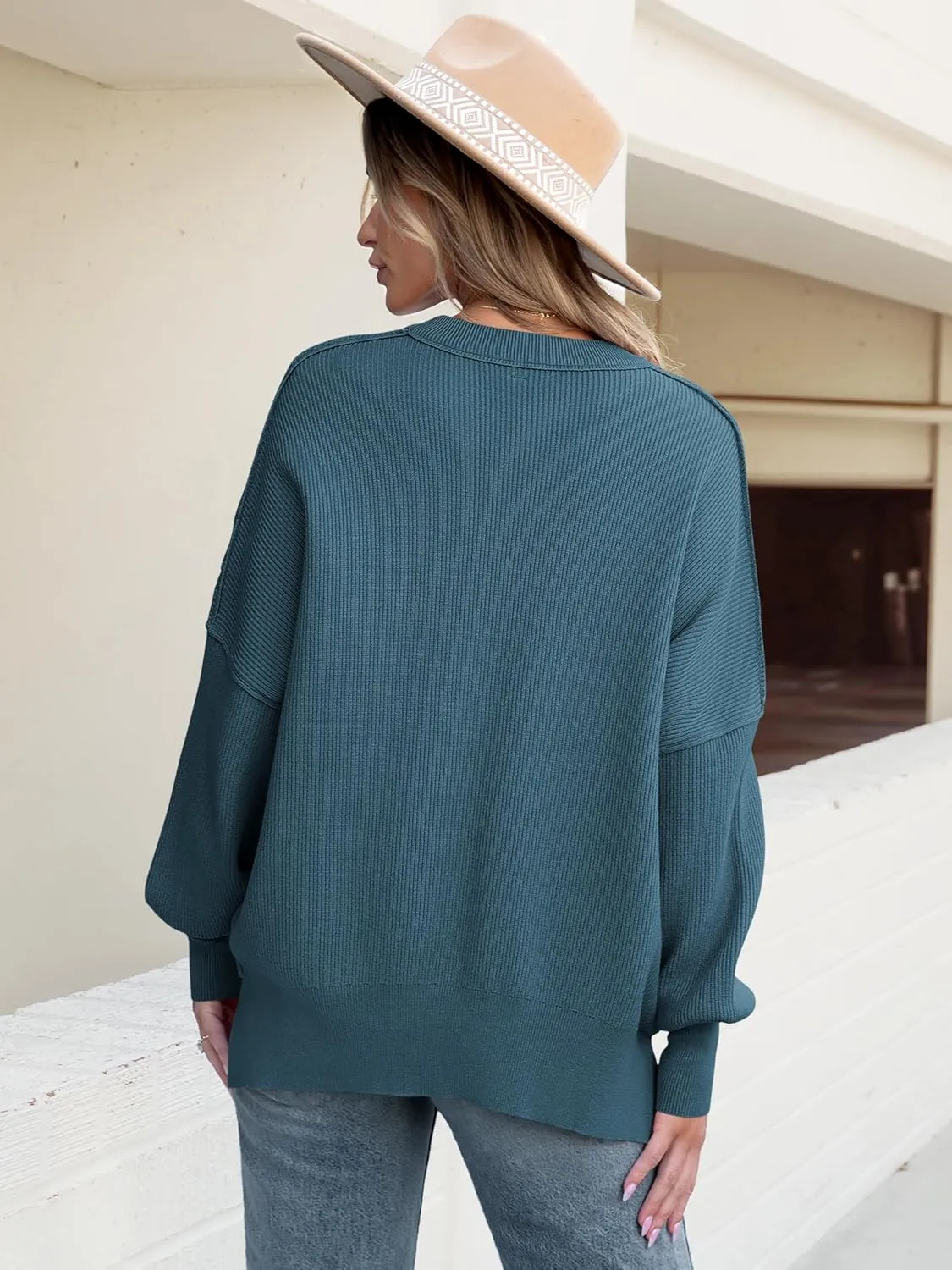 ANRABESS Women Crewneck Batwing Long Sleeve 2024 Fall Oversized Side Slit Ribbed Knit Pullover Sweaters Top Cozy Outfits