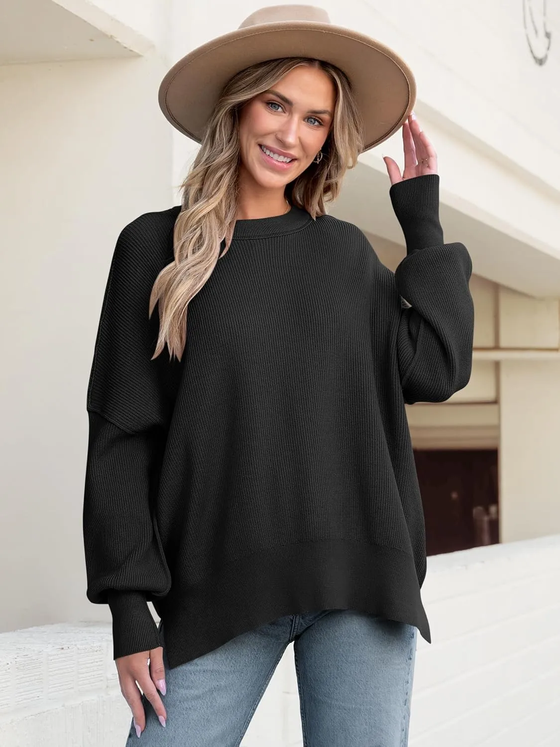 ANRABESS Women Crewneck Batwing Long Sleeve 2024 Fall Oversized Side Slit Ribbed Knit Pullover Sweaters Top Cozy Outfits