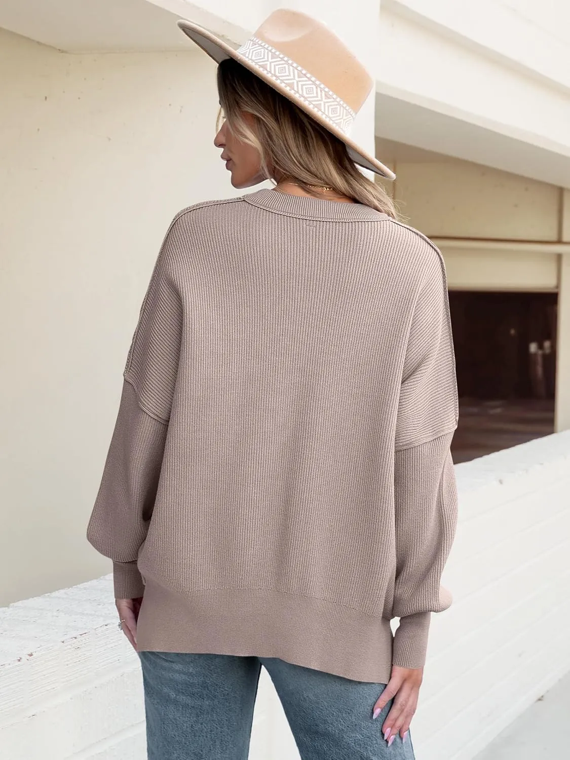 ANRABESS Women Crewneck Batwing Long Sleeve 2024 Fall Oversized Side Slit Ribbed Knit Pullover Sweaters Top Cozy Outfits