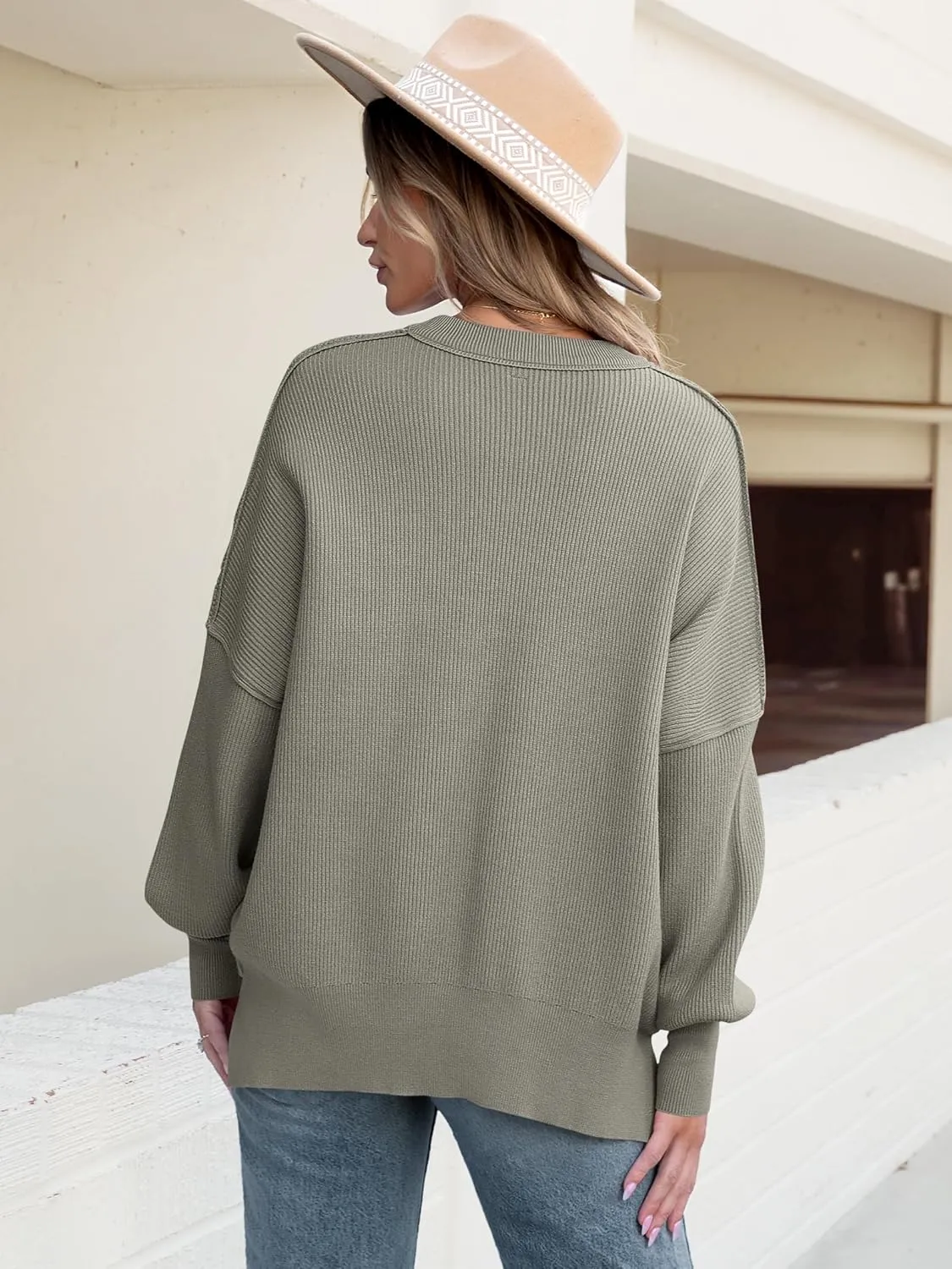 ANRABESS Women Crewneck Batwing Long Sleeve 2024 Fall Oversized Side Slit Ribbed Knit Pullover Sweaters Top Cozy Outfits