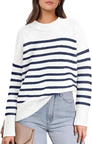 ANRABESS Women Fall Fashion Sweaters Striped Long Sleeve Crewneck Loose Fit Cozy Knit Trendy Pullover Sweater Tops