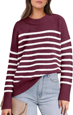 ANRABESS Women Fall Fashion Sweaters Striped Long Sleeve Crewneck Loose Fit Cozy Knit Trendy Pullover Sweater Tops
