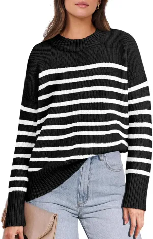 ANRABESS Women Fall Fashion Sweaters Striped Long Sleeve Crewneck Loose Fit Cozy Knit Trendy Pullover Sweater Tops
