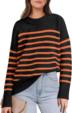 ANRABESS Women Fall Fashion Sweaters Striped Long Sleeve Crewneck Loose Fit Cozy Knit Trendy Pullover Sweater Tops