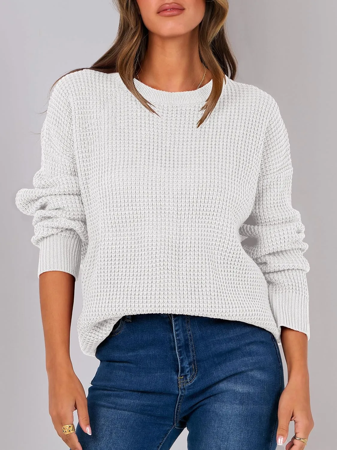 ANRABESS Womens Long Sleeve Oversized Casual Loose Fit Crewneck Waffle Knit Cozy Pullover Sweaters 2025 Fall Fashion