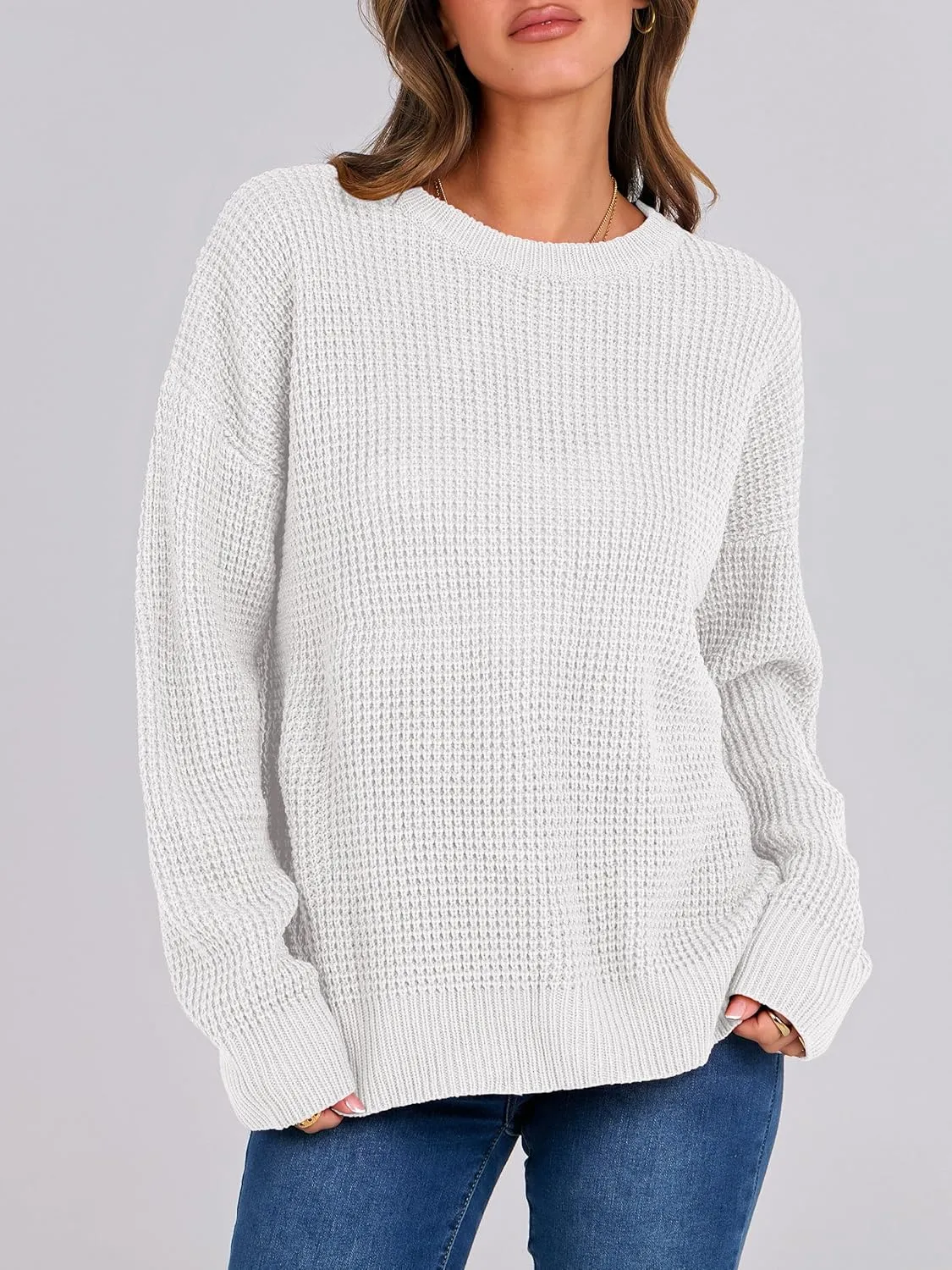 ANRABESS Womens Long Sleeve Oversized Casual Loose Fit Crewneck Waffle Knit Cozy Pullover Sweaters 2025 Fall Fashion
