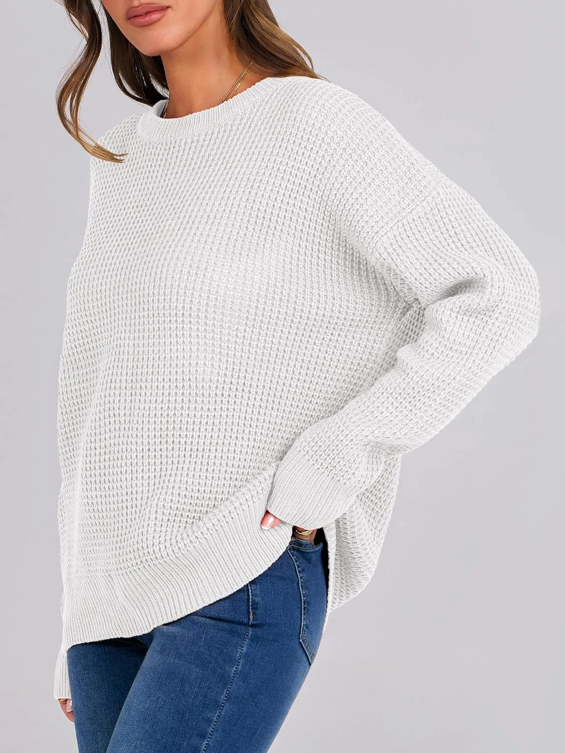 ANRABESS Womens Long Sleeve Oversized Casual Loose Fit Crewneck Waffle Knit Cozy Pullover Sweaters 2025 Fall Fashion