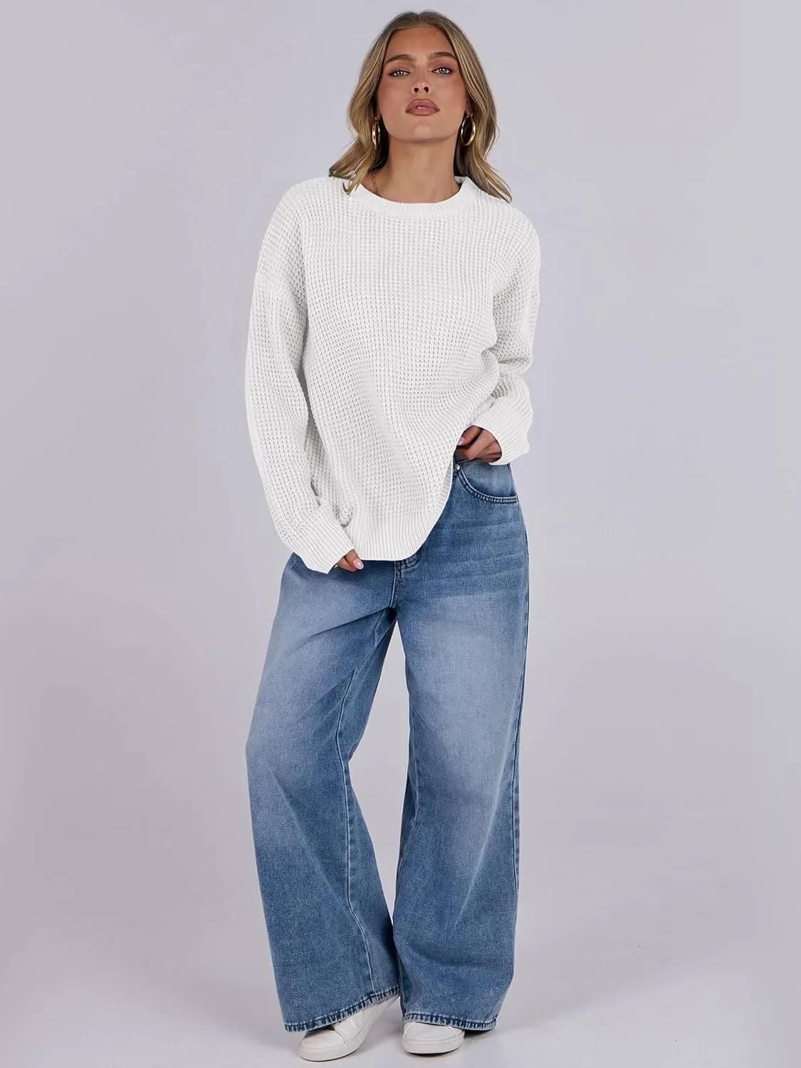 ANRABESS Womens Long Sleeve Oversized Casual Loose Fit Crewneck Waffle Knit Cozy Pullover Sweaters 2025 Fall Fashion