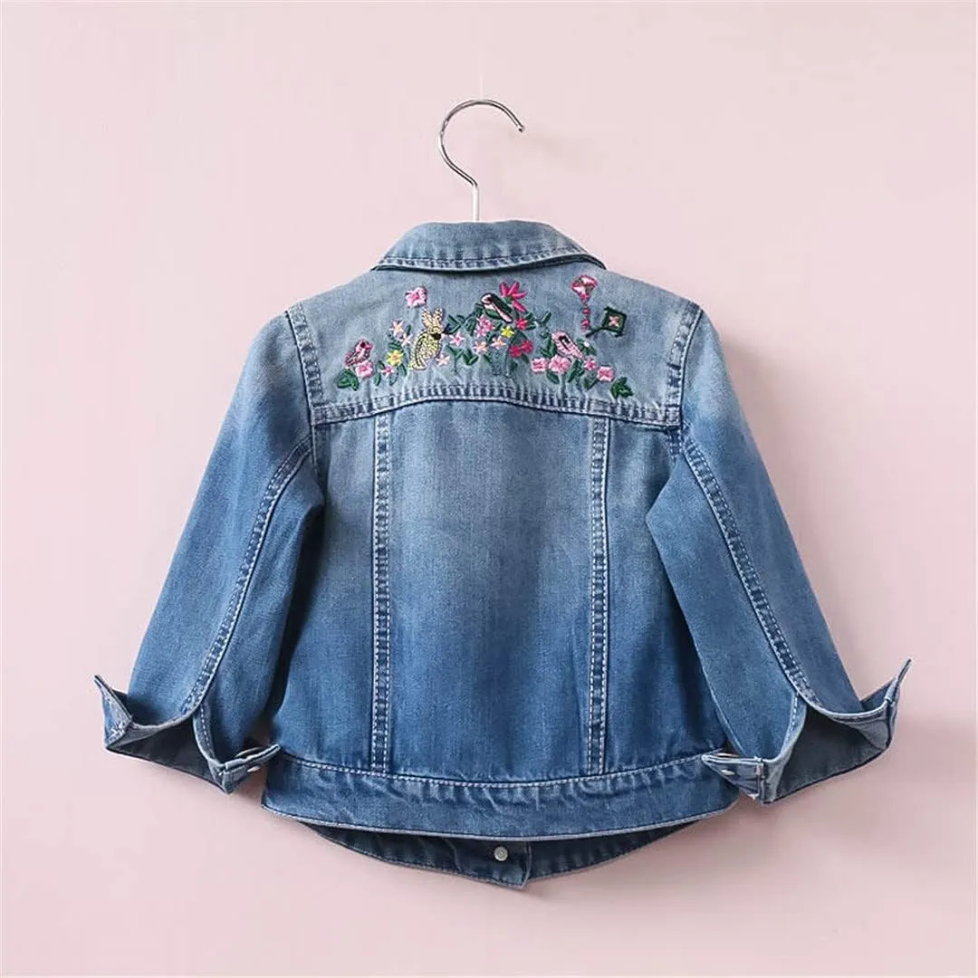 Autumn Girls Denim Jackets Coats Embroidered Flowers Lapel Cowboy Coat Denim Jacket for Baby Girls Floral Jeans Outwear