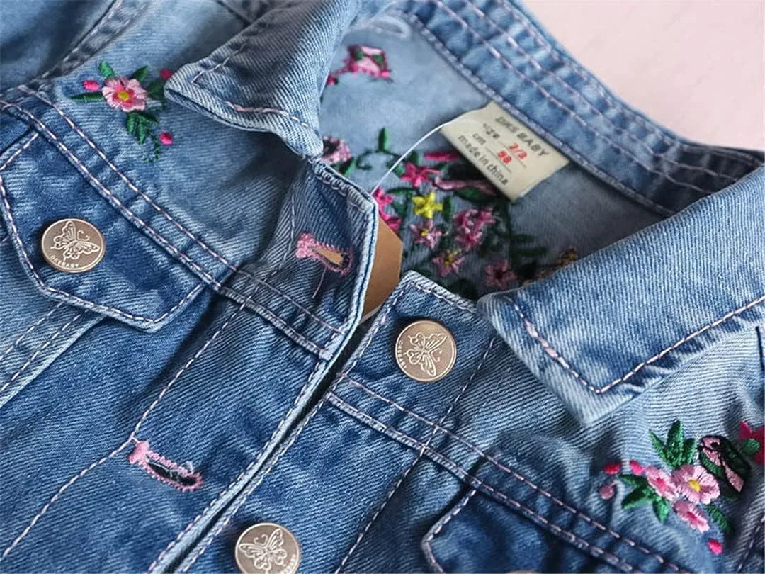 Autumn Girls Denim Jackets Coats Embroidered Flowers Lapel Cowboy Coat Denim Jacket for Baby Girls Floral Jeans Outwear