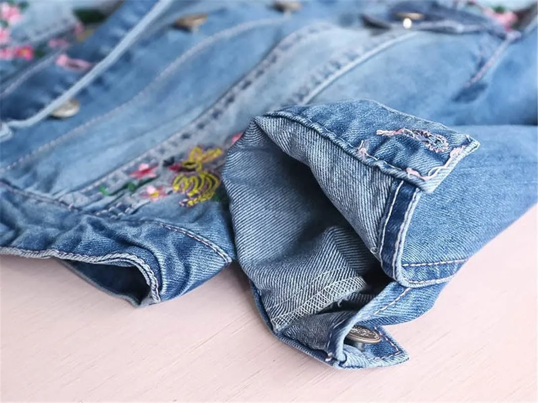 Autumn Girls Denim Jackets Coats Embroidered Flowers Lapel Cowboy Coat Denim Jacket for Baby Girls Floral Jeans Outwear