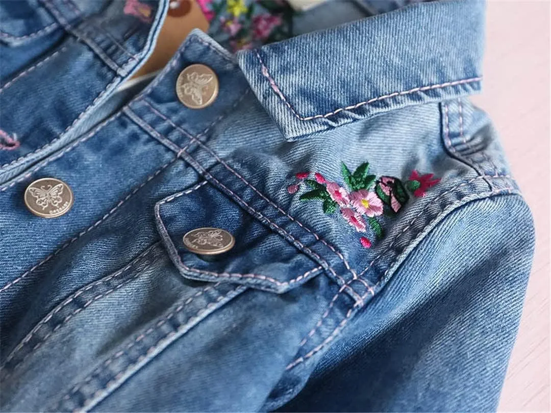 Autumn Girls Denim Jackets Coats Embroidered Flowers Lapel Cowboy Coat Denim Jacket for Baby Girls Floral Jeans Outwear