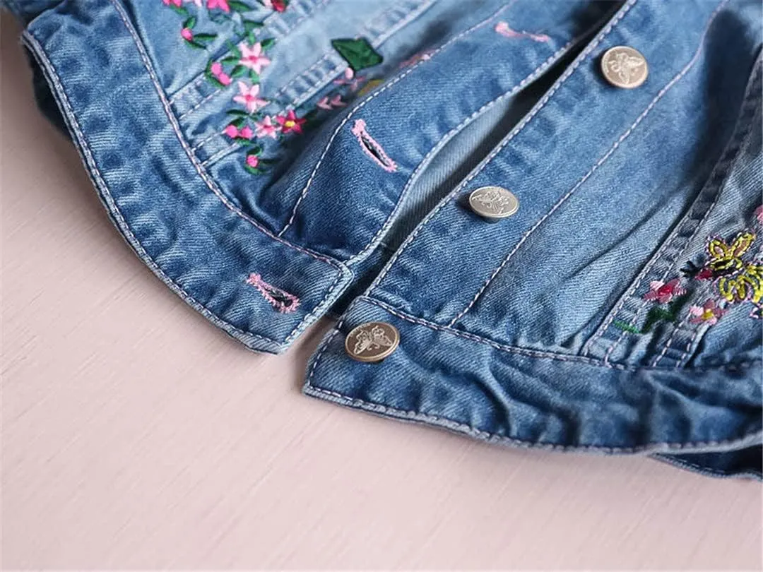 Autumn Girls Denim Jackets Coats Embroidered Flowers Lapel Cowboy Coat Denim Jacket for Baby Girls Floral Jeans Outwear