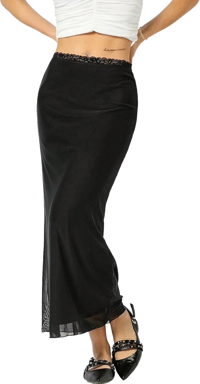 Avanova Women Mesh Bodycon Midi Skirts High Elastic Wasited Elagant Summer Long Skirts