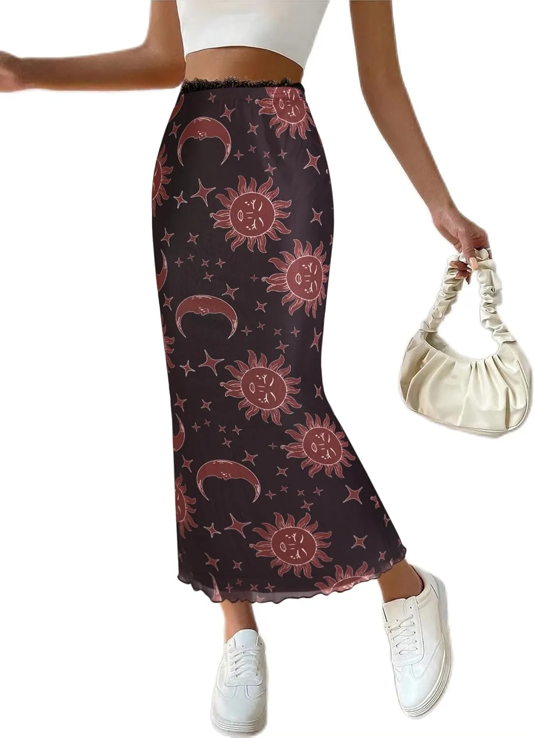 Avanova Women Mesh Bodycon Midi Skirts High Elastic Wasited Elagant Summer Long Skirts