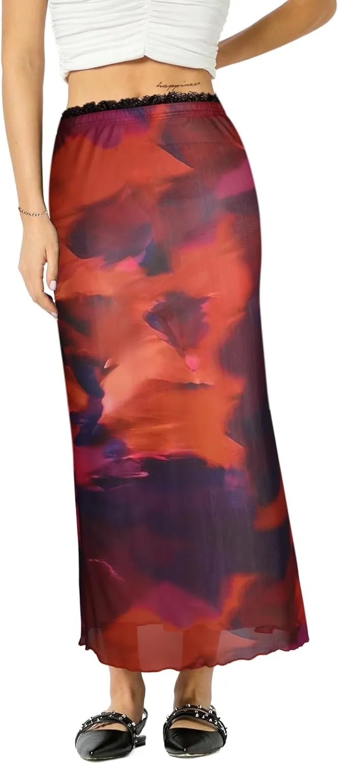 Avanova Women Mesh Bodycon Midi Skirts High Elastic Wasited Elagant Summer Long Skirts