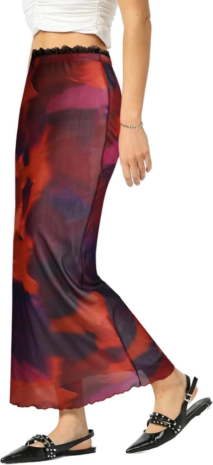 Avanova Women Mesh Bodycon Midi Skirts High Elastic Wasited Elagant Summer Long Skirts