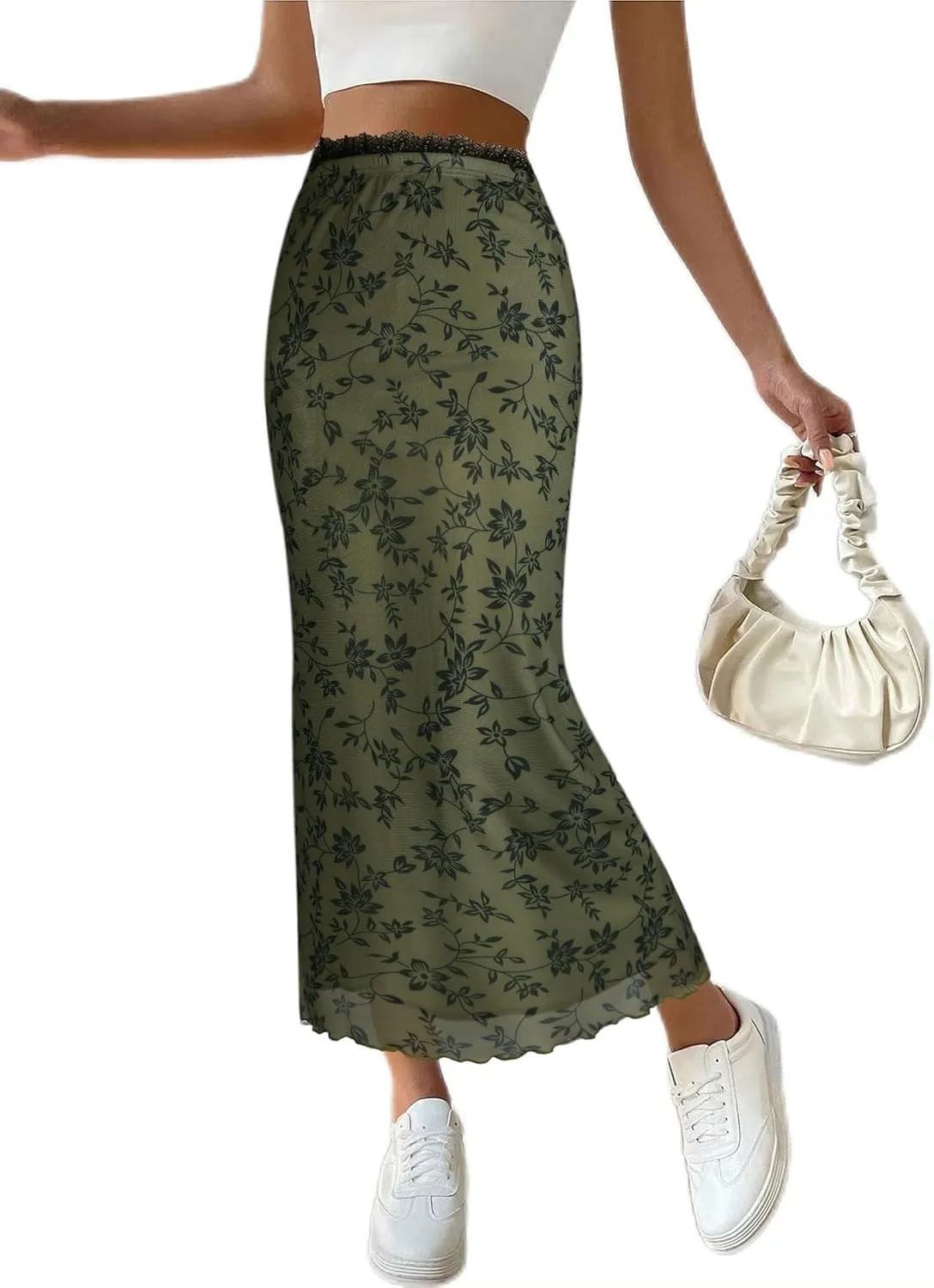 Avanova Women Mesh Bodycon Midi Skirts High Elastic Wasited Elagant Summer Long Skirts