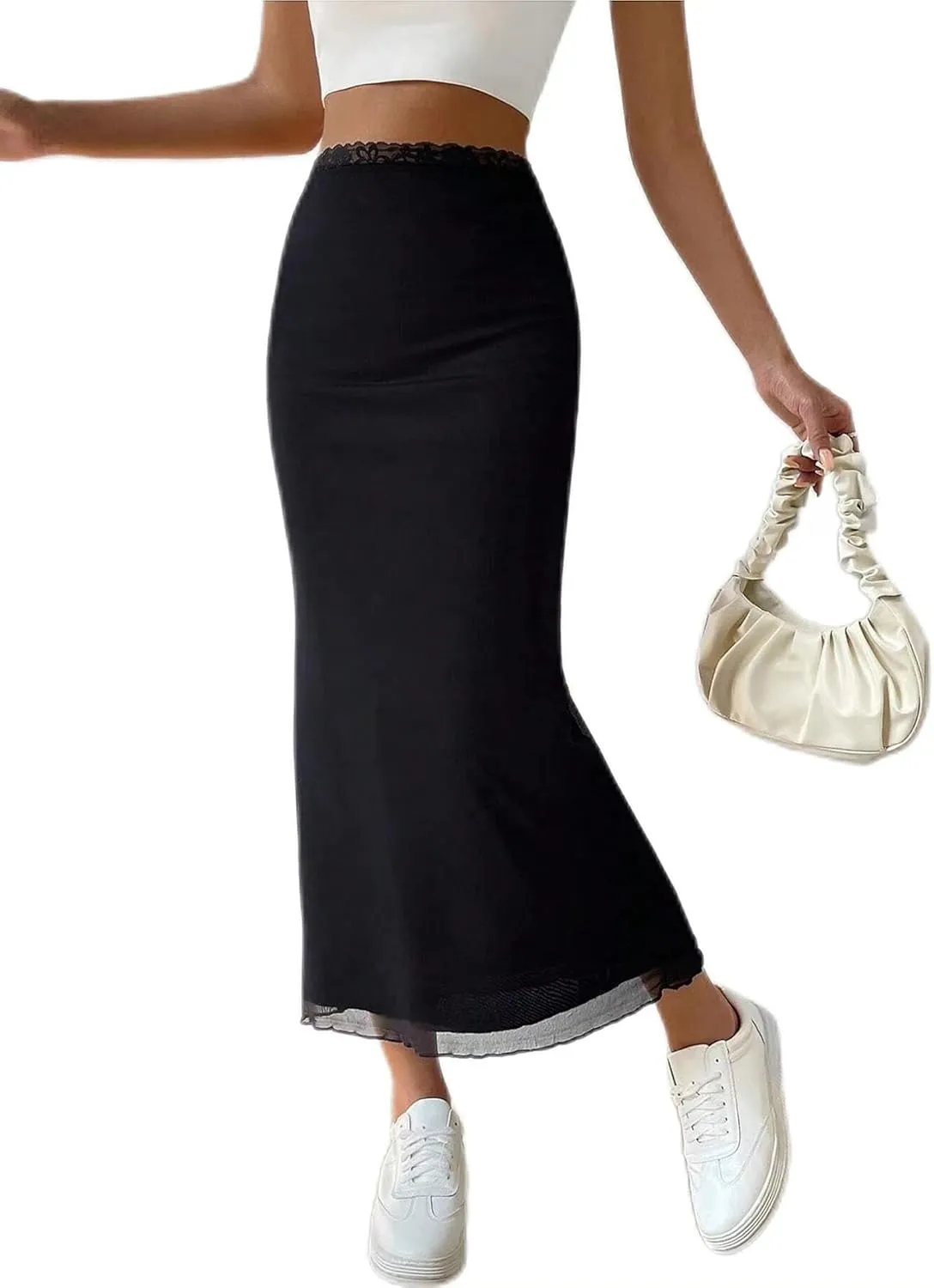 Avanova Women Mesh Bodycon Midi Skirts High Elastic Wasited Elagant Summer Long Skirts