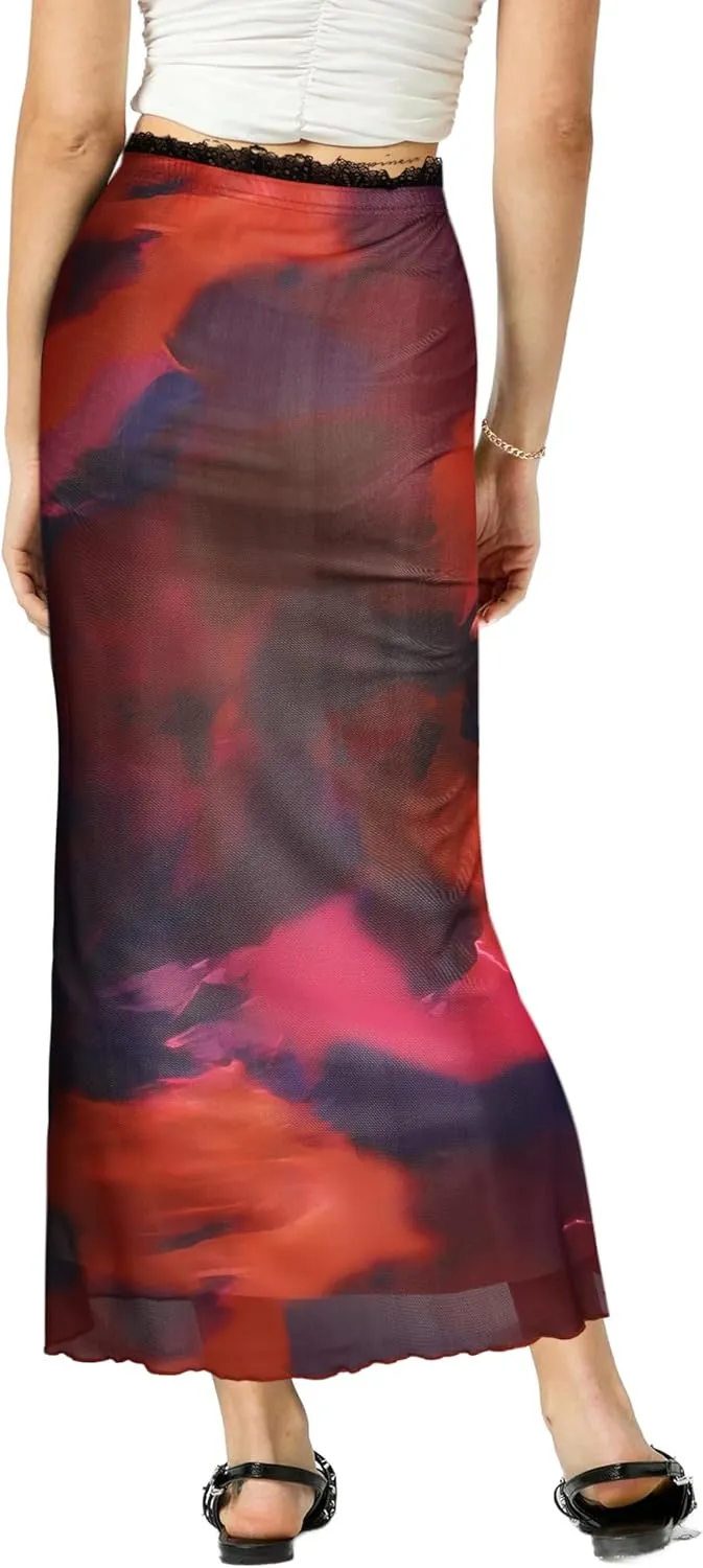 Avanova Women Mesh Bodycon Midi Skirts High Elastic Wasited Elagant Summer Long Skirts