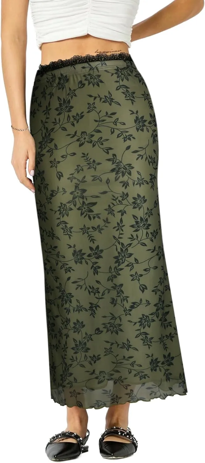 Avanova Women Mesh Bodycon Midi Skirts High Elastic Wasited Elagant Summer Long Skirts