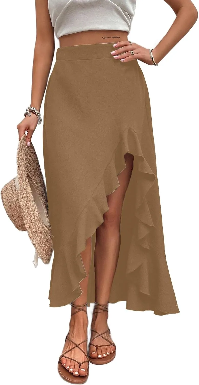Avanova Women's Slit Split Ruffle Long Skirts High Waisted Summer Flowy Maxi Skirts