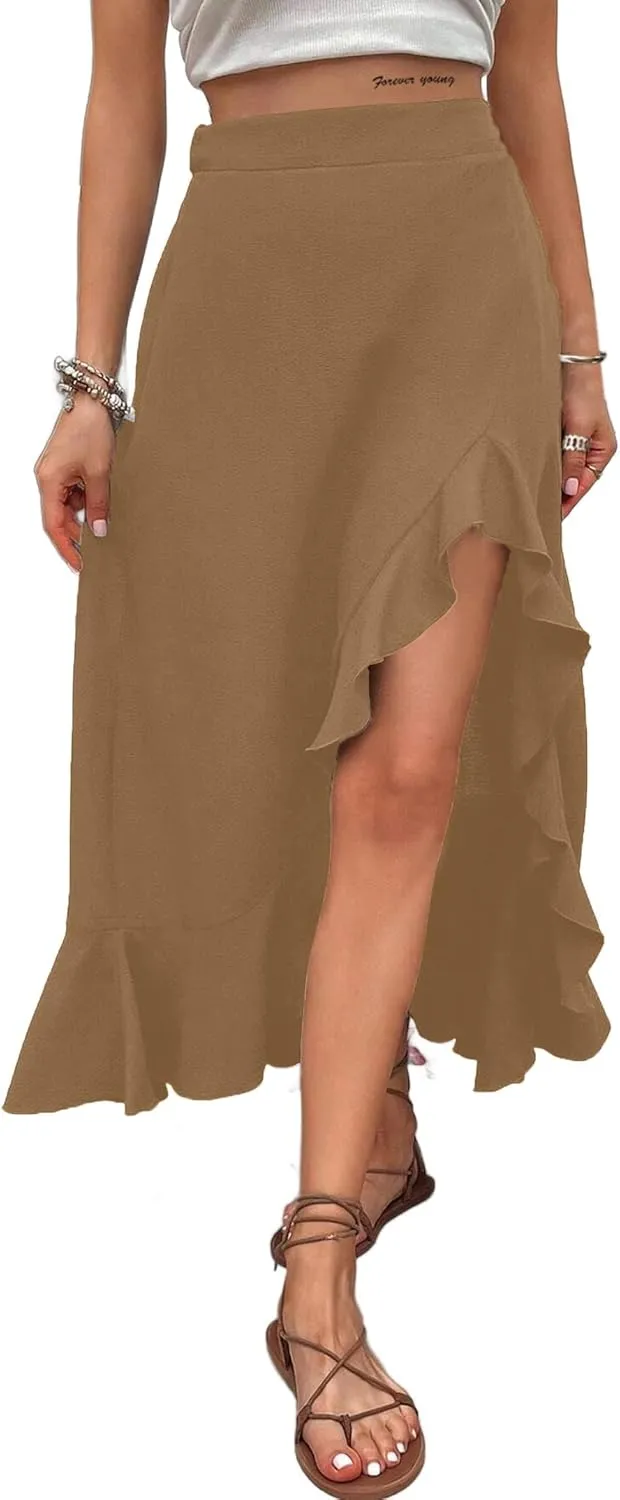 Avanova Women's Slit Split Ruffle Long Skirts High Waisted Summer Flowy Maxi Skirts