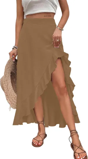 Avanova Women's Slit Split Ruffle Long Skirts High Waisted Summer Flowy Maxi Skirts