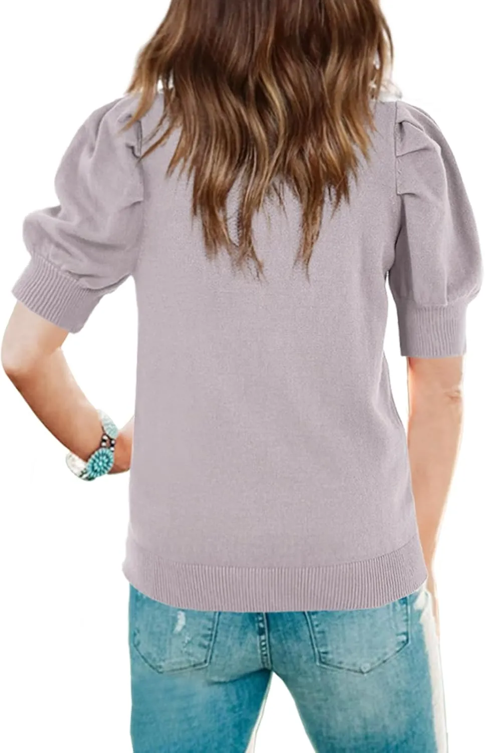 Batermoon Girls' Puff Short Sleeve Sweaters Crewneck Hollow Out Knit Pullover Tops