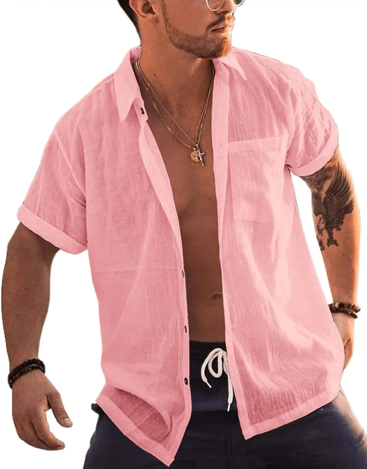 Bbalizko Mens Short Sleeve Button Up Shirts Linen Cotton Beach Tops Spread Collar Plain Summer T Shirt with Pocket