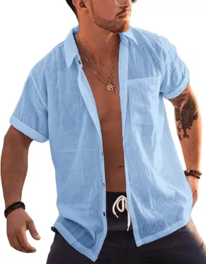Bbalizko Mens Short Sleeve Button Up Shirts Linen Cotton Beach Tops Spread Collar Plain Summer T Shirt with Pocket