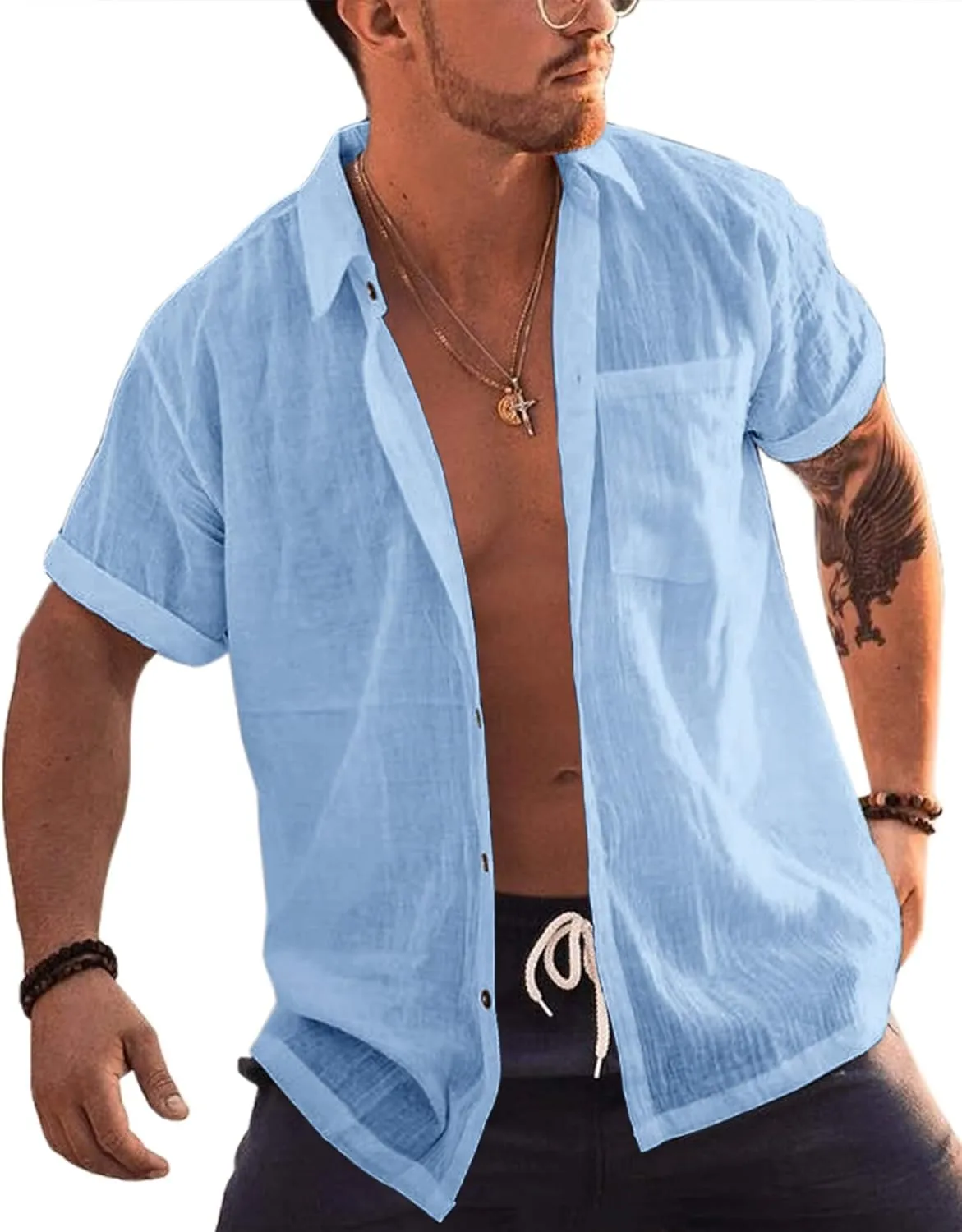 Bbalizko Mens Short Sleeve Button Up Shirts Linen Cotton Beach Tops Spread Collar Plain Summer T Shirt with Pocket