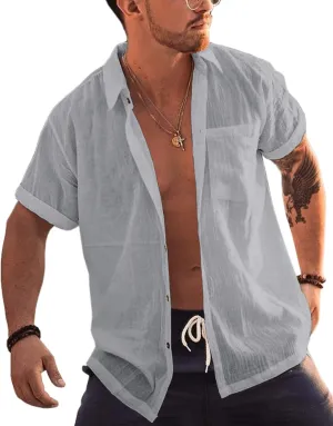 Bbalizko Mens Short Sleeve Button Up Shirts Linen Cotton Beach Tops Spread Collar Plain Summer T Shirt with Pocket